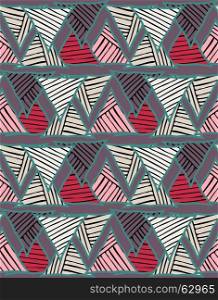 Triangles striped with black red and purple.Hand drawn with ink seamless background.Creative handmade repainting design for fabric or textile.Geometric pattern with triangles.Vintage retro colors