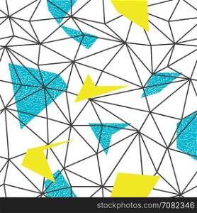 Triangles wire-frame seamless repeat pattern. Triangular facets. Doodles hand-drawn pattern. Vector pattern. Wireframe Background Blue and Yellow Seamless Pattern.
