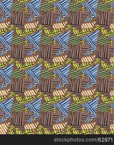 Triangles yellow blue brown striped.Hand drawn with ink seamless background.Creative handmade repainting design for fabric or textile.Geometric pattern with triangles.Vintage retro colors