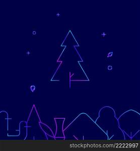Triangular christmas tree gradient line vector icon, simple illustration on a dark blue background, forest, garden related bottom border.. Triangular christmas tree gradient line icon, vector illustration
