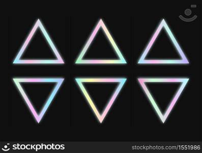 Triangular holographic frames set in psychedelic vaporwave style. Futuristic geometric figures on dark background. Retro 80s-90s neon colors.. Triangular holographic frames set in psychedelic vaporwave style.