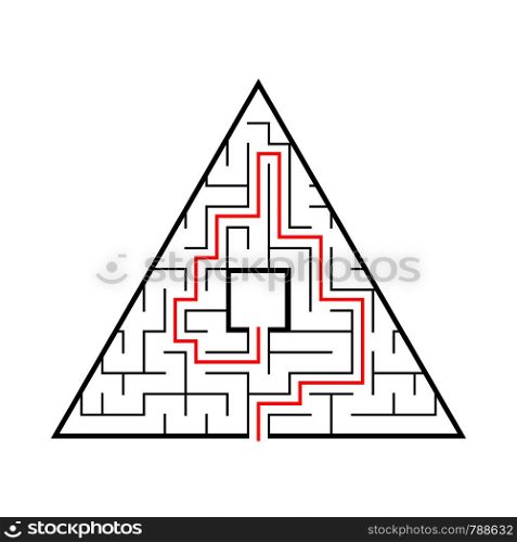 Triangular labyrinth with an input and an exit. A simple flat vector illustration isolated on a pink background. With the answer. Triangular labyrinth with an input and an exit. A simple flat vector illustration isolated on a pink background. With the answer.