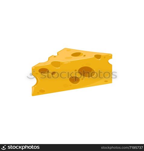 Triangular piece of cheese with holes isolated vector icon, yellow milk food, dairy farm production symbol. Triangular piece of cheese with holes isolated