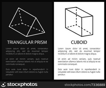 Triangular prism and cuboid geometric shapes simple figures sketches made from lines and dashes, prism and cuboid projections vector illustrations set. Triangular Prism Cuboid Geometric Shapes Figures