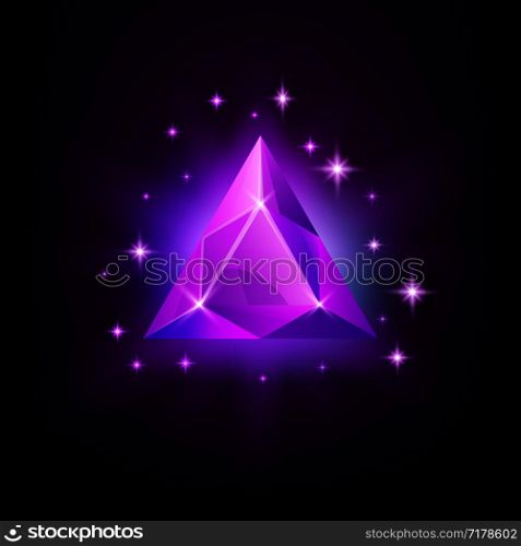 Triangular purple shining gemstone with magical glow and stars on dark background vector illustration. Triangular purple shining gemstone with magical glow and stars on dark background vector illustration.