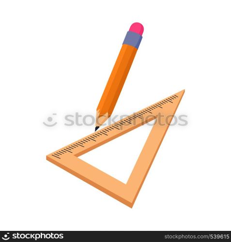 Triangular ruler and pencil icon in cartoon style on a white background. Triangular ruler and pencil icon, cartoon style