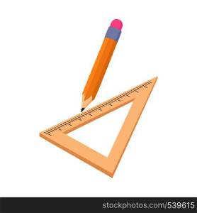 Triangular ruler and pencil icon in cartoon style on a white background. Triangular ruler and pencil icon, cartoon style