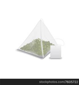 Triangular tea bag with green tea leaves isolated mockup. Vector packet of herbal drink. Pyramid teabag with green tea isolated template