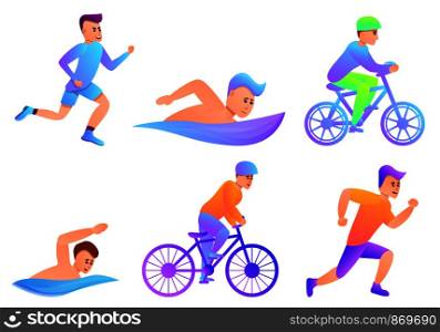 Triathlon icons set. Cartoon set of triathlon vector icons for web design. Triathlon icons set, cartoon style