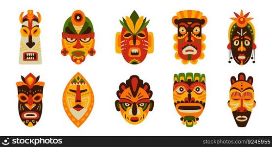 Tribal african masks, ethnic ritual tribe mask wood. Colourful tiki traditional symbols. Carnival totem art graphic, vector aboriginal of head souvenir, tribal ceremonial face tribe illustration. Tribal african masks, ethnic ritual tribe mask wood. Colourful tiki traditional symbols. Carnival totem art graphic, classy vector aboriginal elements