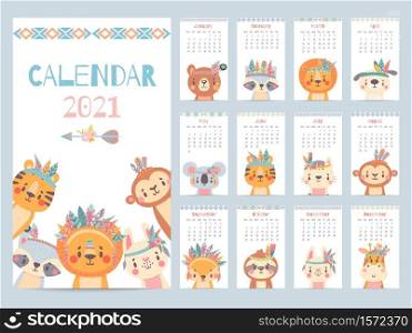 Tribal animal calendar. Monthly 2021 calendar with cute forest animals, savanna characters. Bear, fox and lion, rabbit, giraffe vector image. Characters with feathers and flowers on head. Tribal animal calendar. Monthly 2021 calendar with cute forest animals, savanna characters. Bear, fox and lion, rabbit, giraffe vector image