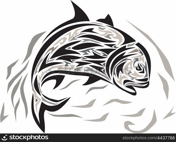 Tribal art style illustration of a giant trevally, Caranx ignobilis also known as giant kingfish, lowly trevally, barrier trevally, or ulua a species of large marine fish in the jack family, Carangidae jumping diving down viewed from the side set on isolated white background.