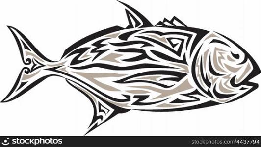 Tribal art style illustration of a giant trevally, Caranx ignobilis also known as giant kingfish, lowly trevally, barrier trevally, or ulua a species of large marine fish in the jack family, Carangidae viewed from the side set on isolated white background.