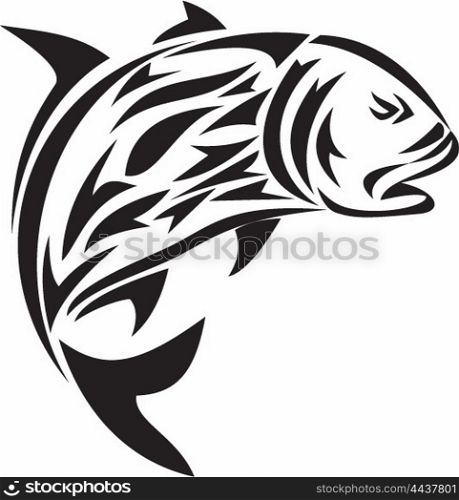 Tribal art style illustration of a giant trevally, Caranx ignobilis also known as giant kingfish, lowly trevally, barrier trevally, or ulua a species of large marine fish in the jack family, Carangidae jumping viewed from the side set on isolated white background.