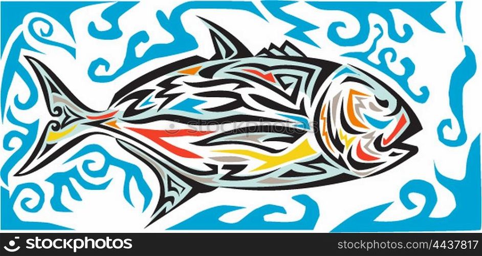 Tribal art style illustration of a giant trevally, Caranx ignobilis also known as giant kingfish, lowly trevally, barrier trevally, or ulua a species of large marine fish in the jack family, Carangidae viewed from the side set on isolated white background done in color.