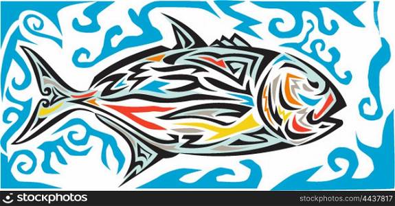 Tribal art style illustration of a giant trevally, Caranx ignobilis also known as giant kingfish, lowly trevally, barrier trevally, or ulua a species of large marine fish in the jack family, Carangidae viewed from the side set on isolated white background done in color.