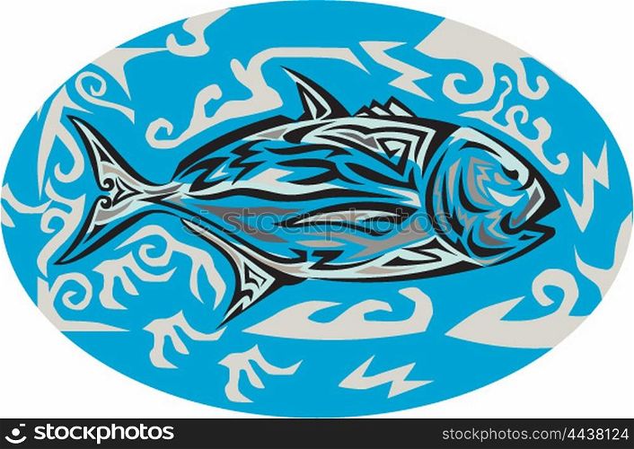 Tribal art style illustration of a giant trevally, Caranx ignobilis also known as giant kingfish, lowly trevally, barrier trevally, or ulua a species of large marine fish in the jack family, Carangidae viewed from the side inside oval shape set on isolated background.