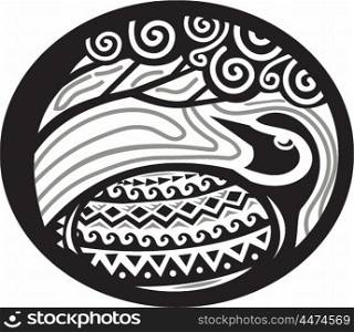 Tribal Art style illustration of a Pacific golden plover, Pluvialis fluva or kolea, a medium-sized plover looking up to a tree viewed from the side set inside oval shape.