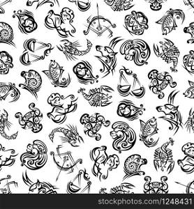 Tribal astrological zodiac background with black and white seamless pattern of horoscope symbols, adorned by intricate ethnic ornament. Great for zodiacal calendar backdrop or fabric print design usage