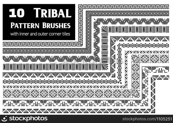 Tribal, ethnic vector pattern brushes with inner and outer corner tiles. Perfect for creating design elements, geometric ornament, frames, borders and more. All used brushes included in brush palette.. Tribal pattern brushes collection