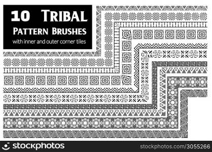 Tribal, ethnic vector pattern brushes with inner and outer corner tiles. Perfect for creating design elements, geometric ornament, frames, borders and more. All used brushes included in brush palette.. Tribal pattern brushes collection