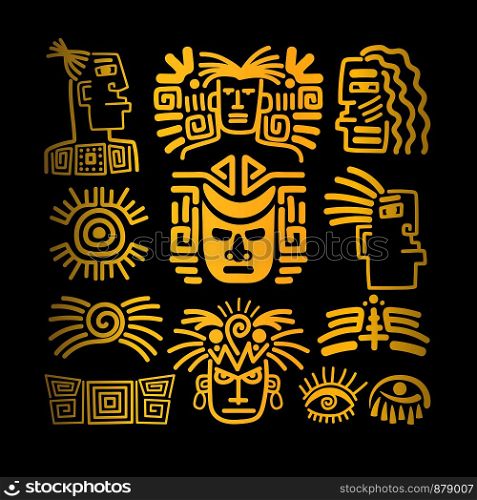 Tribal face drawings set, golden symbols, vector illustration. Tribal face drawings set, golden symbols