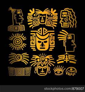Tribal face drawings set, golden symbols, vector illustration. Tribal face drawings set, golden symbols