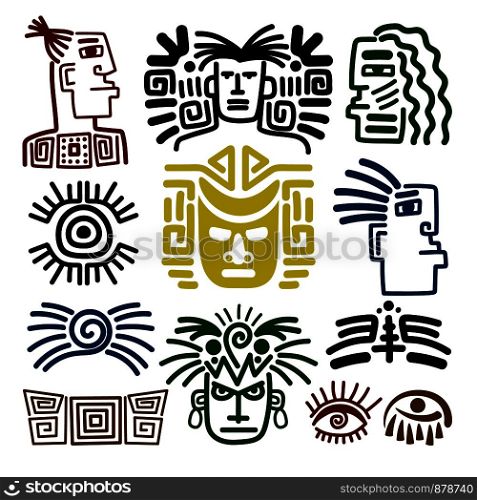 Tribal face drawings set. Vector native indian indian warriors isolated on white background. Tribal face drawings set