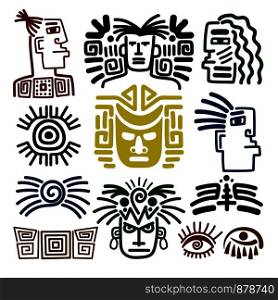 Tribal face drawings set. Vector native indian indian warriors isolated on white background. Tribal face drawings set