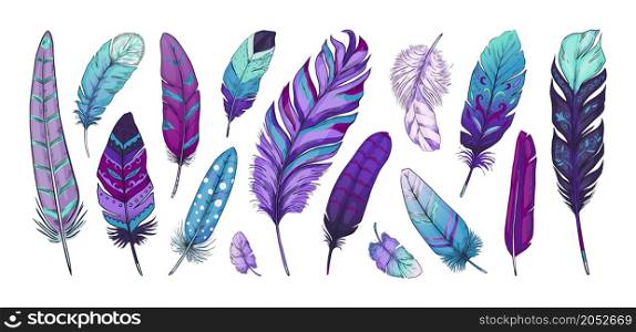 Tribal feather. Hand drawn exotic bird quill with Indian ethnic ornaments and vintage rustic textures. Native American natural plumage decoration. Writing pen. Vector isolated violet Boho elements set. Tribal feather. Hand drawn bird quill with Indian ethnic ornaments and vintage rustic textures. Native American natural plumage decoration. Writing pen. Vector violet Boho elements set