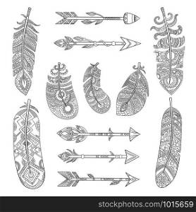 Tribal feathers and arrows. Aztec indian fashion elements with traditional pattern vector pictures collection. Illustration of arrow and traditional freehand feather. Tribal feathers and arrows. Aztec indian fashion elements with traditional pattern vector pictures collection