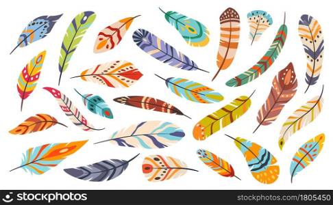 Tribal feathers, boho ethnic stylized bird feather. Flat cartoon elegant colorful bohemian feathering, indigenous feathers vector set. Vivid and bright accessory for decoration isolated. Tribal feathers, boho ethnic stylized bird feather. Flat cartoon elegant colorful bohemian feathering, indigenous feathers vector set