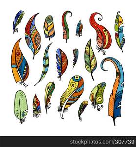 Tribal feathers coloring. Doodle pictures feather boho ethnic drawing isolated on white. Vector illustration. Tribal feathers coloring. Doodle pictures isolated on white