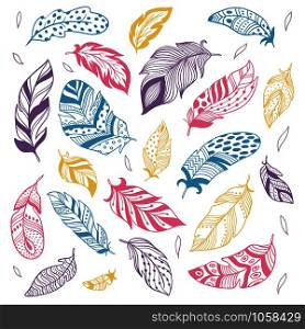 Tribal feathers. Ethnic feather silhouette, birds feathering and hand drawn pen or boho american indian bird feathers. Ornamental aztec isolated vector illustration icons set. Tribal feathers. Ethnic feather silhouette, birds feathering and hand drawn pen isolated vector illustration set
