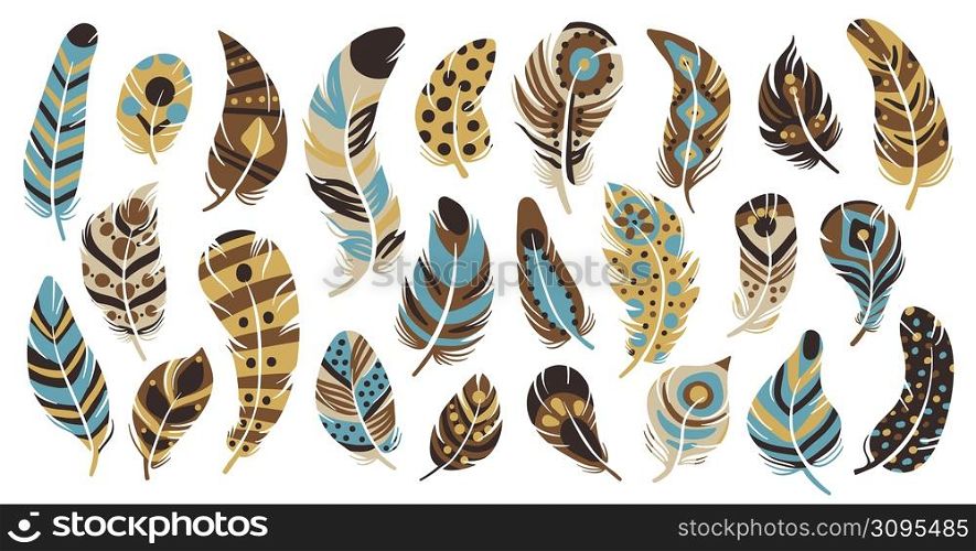 Tribal feathers. Ethnic multicolor Indian elements. Decorative items. Soft curved shapes. Featherings painting. Fluffy birds plumage. Isolated eagle or peacock quills. Vector patterned objects set. Tribal feathers. Ethnic multicolor Indian elements. Decorative items. Soft curved shapes. Featherings painting. Birds plumage. Eagle or peacock quills. Vector patterned objects set