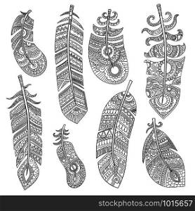Tribal feathers. Grunge authentic texture of fashion indian feathers vector isolated pictures. Illustration of grunge tribal ornament, decoration lightness aztec feather. Tribal feathers. Grunge authentic texture of fashion indian feathers vector isolated pictures