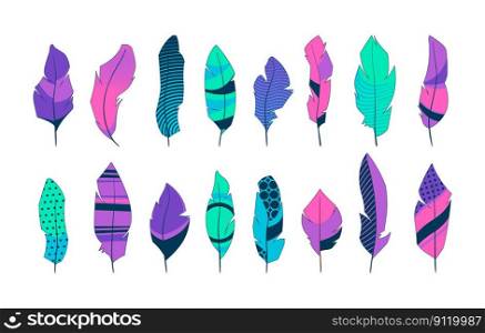 Tribal feathers. Ornamental ethnic indian plume icons, stylized decorative hippie birds quill silhouettes creative boho style. Vector isolated set. Bright colorful animal elements with design. Tribal feathers. Ornamental ethnic indian plume icons, stylized decorative hippie birds quill silhouettes creative boho style. Vector isolated set