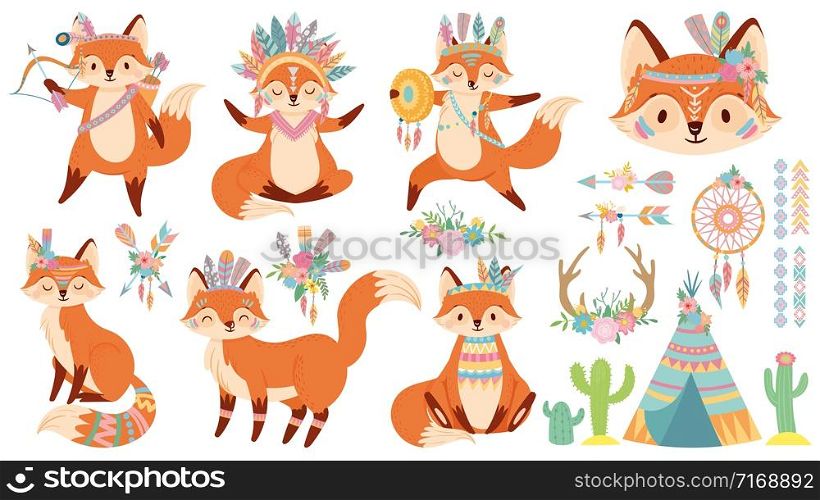Tribal fox. Cute foxes, indian feather warbonnet and wild animal cartoon vector illustration set. Funny happy character and traditional native American items - tipi, dreamcatcher, bow and arrows.. Tribal fox. Cute foxes, indian feather warbonnet and wild animal cartoon vector illustration set
