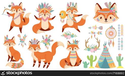 Tribal fox. Cute foxes, indian feather warbonnet and wild animal cartoon vector illustration set. Funny happy character and traditional native American items - tipi, dreamcatcher, bow and arrows.. Tribal fox. Cute foxes, indian feather warbonnet and wild animal cartoon vector illustration set