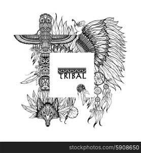 Tribal frame with doodle totem dreamcatcher animal mask vector illustration. Tribal Elements Frame
