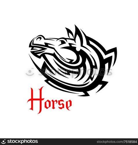 Tribal horse head tattoo design element with black silhouette of wild mustang made up of twisted celtic ornament. Tribal horse head tattoo with celtic ornament