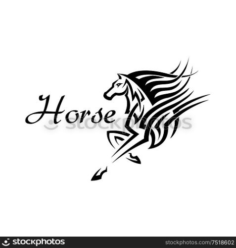 Tribal horse or mythical pegasus symbol with geometric ornaments of flowing lines and curlicues. Use as mascot or tattoo design. Tribal horse or pegasus with geometric ornaments