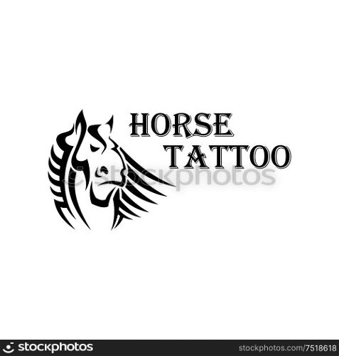 Tribal horse tattoo design element with a head of dutch heavy draft stallion with large muzzle and curly forelock. Tribal horse head tattoo with heavy draft stallion