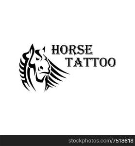 Tribal horse tattoo design element with a head of dutch heavy draft stallion with large muzzle and curly forelock. Tribal horse head tattoo with heavy draft stallion