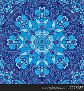 Tribal indian blue mandala flower art. Abstract geometric vector tiled boho ethnic seamless pattern ornamental.. Medallion mandala vector blue pattern with arabesques and floral elements.