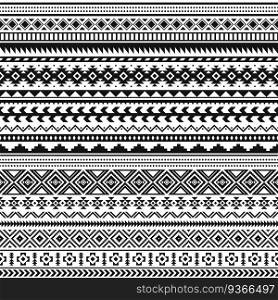 Tribal indian borders. Black white geometric pattern, seamless ethnic print for textile or tattoo, mexican and aztec vector ornament. Decoration traditional line elements, culture illustration. Tribal indian borders. Black white geometric pattern, seamless ethnic print for textile or tattoo, mexican and aztec vector ornament