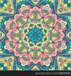 Tribal indian festival bright colorful mandala flower art. Abstract geometric vector tiled boho ethnic seamless pattern ornamental.. Mandala doodle lines decorated background. Abstract geometric vector tiled boho ethnic seamless pattern ornamental.