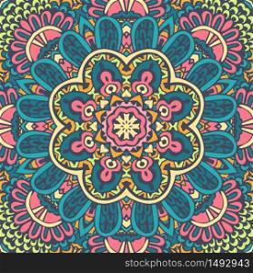 Tribal indian festival bright colorful mandala flower art. Abstract geometric vector tiled boho ethnic seamless pattern ornamental.. Festival art vector seamless pattern mandala. Ethnic geometric print.