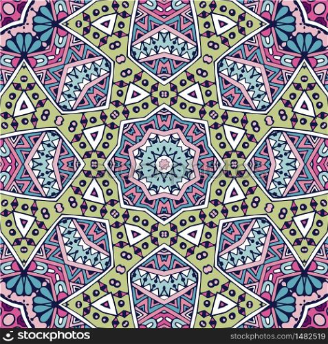 Tribal indian flower arabesque ethnic seamless design. Festive colorful mandala pattern ornament. For wallpaper and fabric. Doodle ethnic flower vector seamless pattern design surface