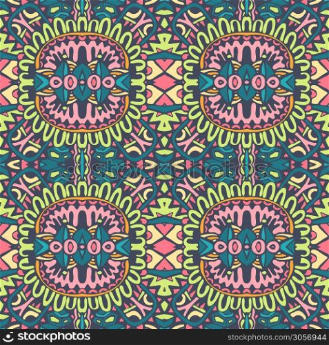 Tribal indian flower ethnic seamless design. Festive colorful mandala pattern ornament. Doodle leaves decorayed border. Vector seamless abstract hand drawn style pattern. Background ornament colorful